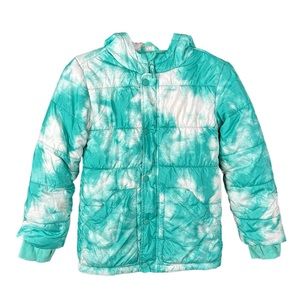 Cat and Jack Girl’s Teal and White Tie Dye Puffer Jacket Size Medium 7/8